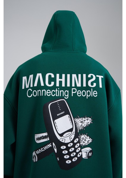 Erkek Connecting People Baskılı Kapüşonlu Petrol Yeşili Sweatshirt