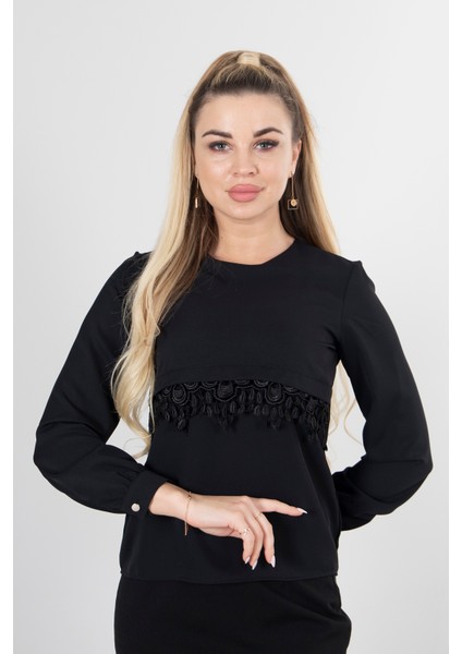 Siyah Dantel Detaylı Şifon Bluz 0806567.01