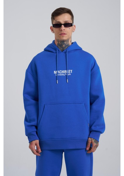 Erkek Connecting People Baskılı Kapüşonlu Saks Sweatshirt