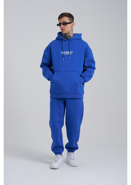 Erkek Connecting People Baskılı Kapüşonlu Saks Sweatshirt