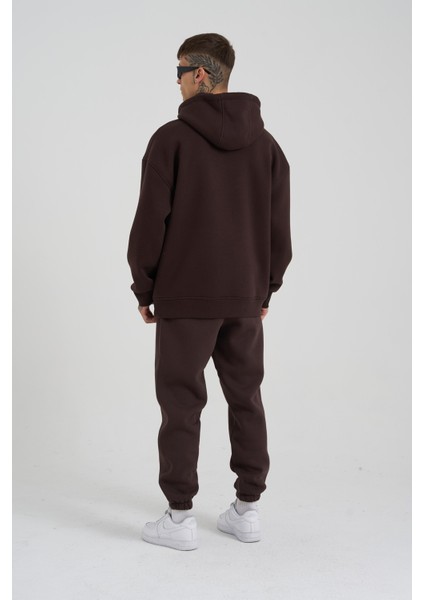 Erkek Middle Finger Baskılı Kapüşonlu Oversize Kahverengi Sweatshirt