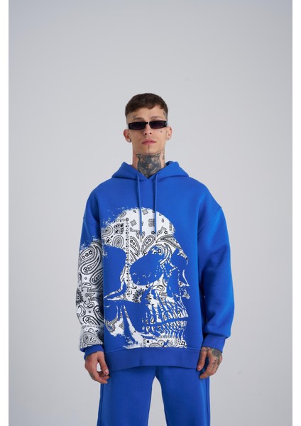 Erkek Skull Baskılı Kapüşonlu Saks Sweatshirt