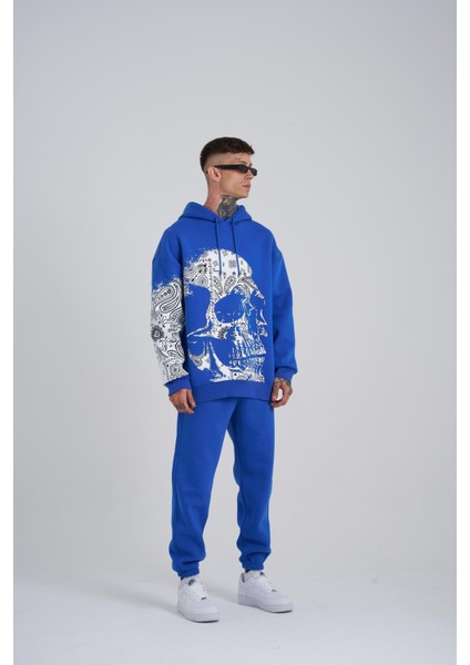 Erkek Skull Baskılı Kapüşonlu Saks Sweatshirt