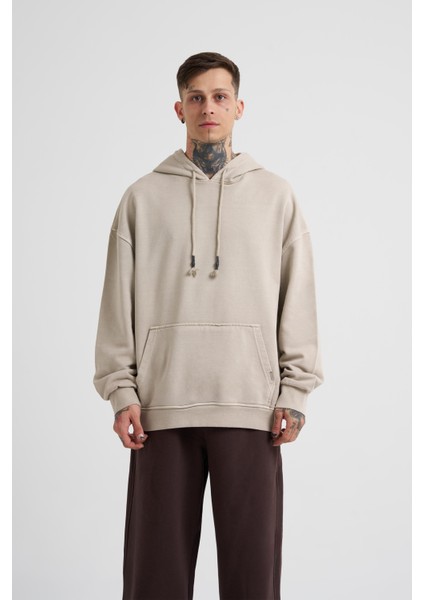 Erkek Basic Solid Kapüşonlu Oversize Açık Bej Sweatshirt