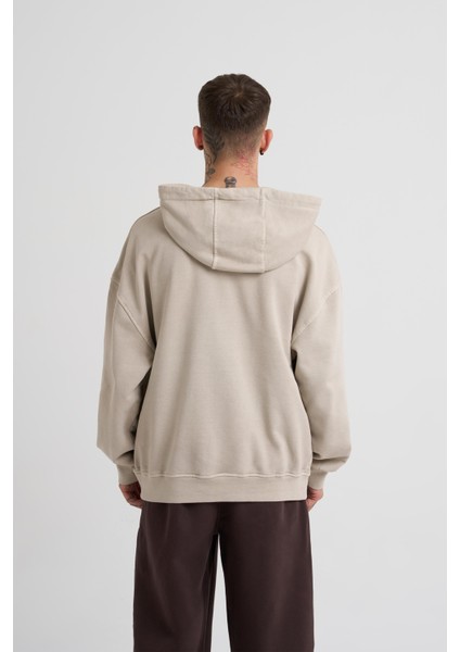 Erkek Basic Solid Kapüşonlu Oversize Açık Bej Sweatshirt