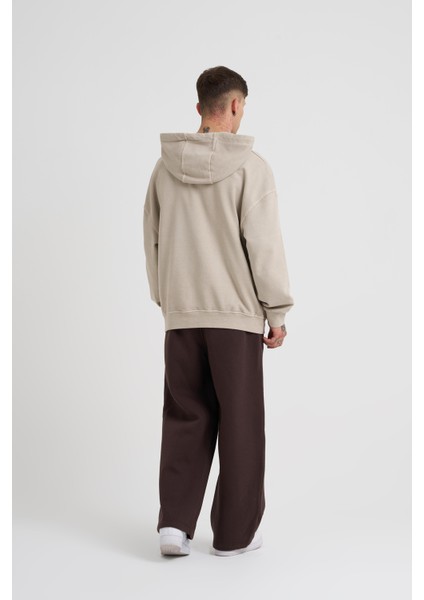 Erkek Basic Solid Kapüşonlu Oversize Açık Bej Sweatshirt