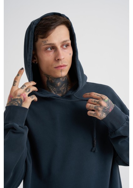 Erkek Basic Solid Kapüşonlu Oversize Antrasit Sweatshirt