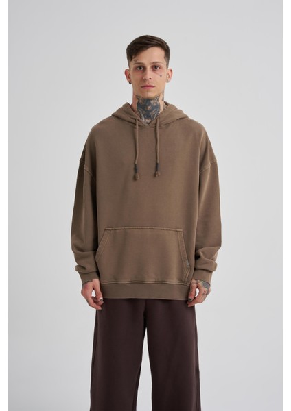 Erkek Basic Kapüşonlu Oversize Kahverengi Sweatshirt