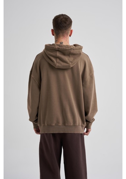 Erkek Basic Kapüşonlu Oversize Kahverengi Sweatshirt