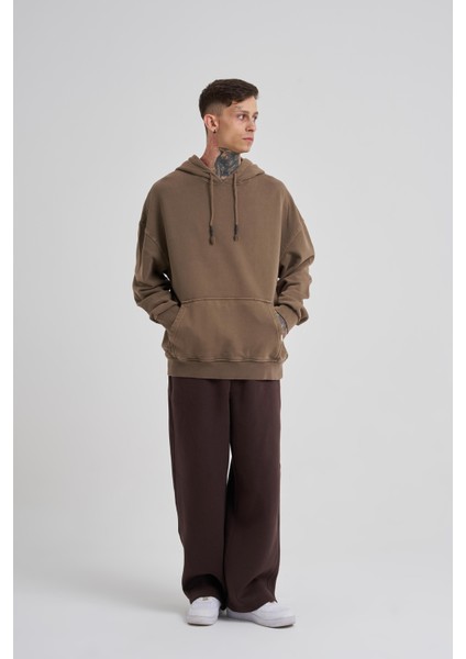 Erkek Basic Kapüşonlu Oversize Kahverengi Sweatshirt