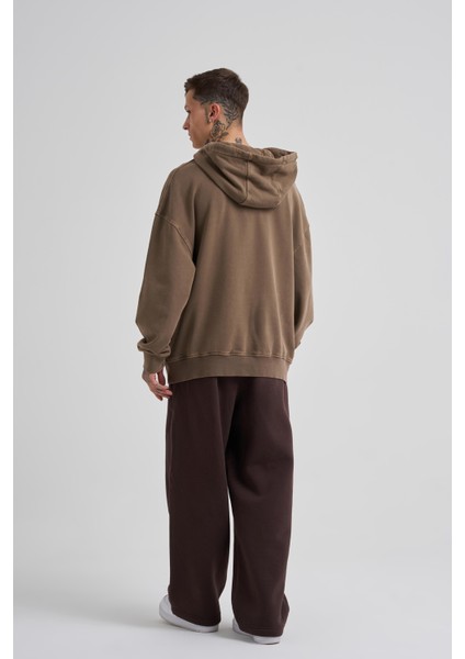 Erkek Basic Kapüşonlu Oversize Kahverengi Sweatshirt