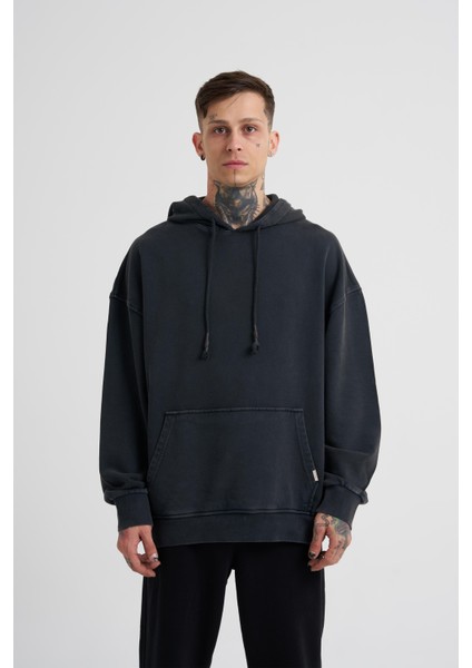 Erkek Basic Kapüşonlu Oversize Siyah Sweatshirt