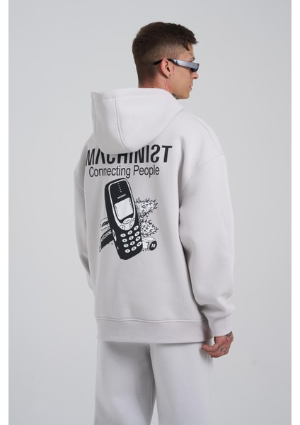 Erkek Connecting People Baskılı Kapüşonlu Açık Gri Sweatshirt