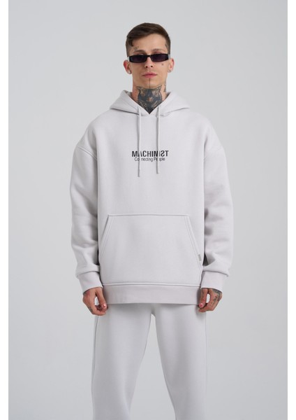 Erkek Connecting People Baskılı Kapüşonlu Açık Gri Sweatshirt