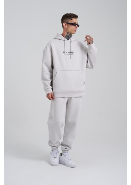 Erkek Connecting People Baskılı Kapüşonlu Açık Gri Sweatshirt