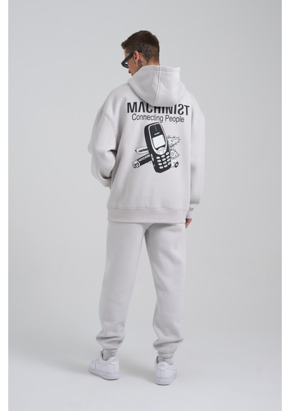 Erkek Connecting People Baskılı Kapüşonlu Açık Gri Sweatshirt