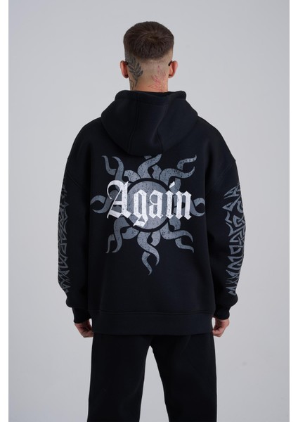 Erkek Ethnic Born Again Baskılı Kapüşonlu Siyah Sweatshirt