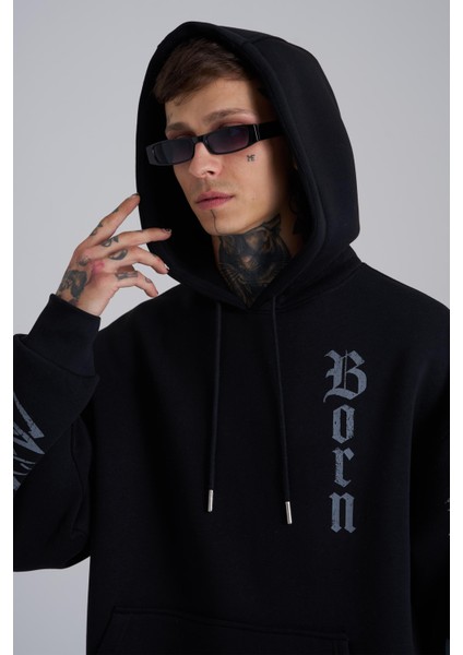 Erkek Ethnic Born Again Baskılı Kapüşonlu Siyah Sweatshirt