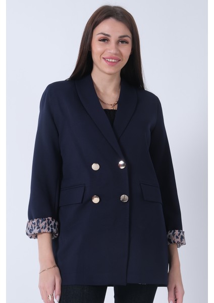 Lacivert Şal Yaka Leopar Astarlı Kruvaze Ceket 39711561.02