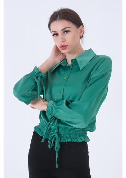 Yeşil Bel ve Kol Ucu Gipe Detaylı Saten Gömlek 3972863.07