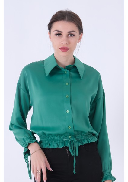 Yeşil Bel ve Kol Ucu Gipe Detaylı Saten Gömlek 3972863.07 fırsatları