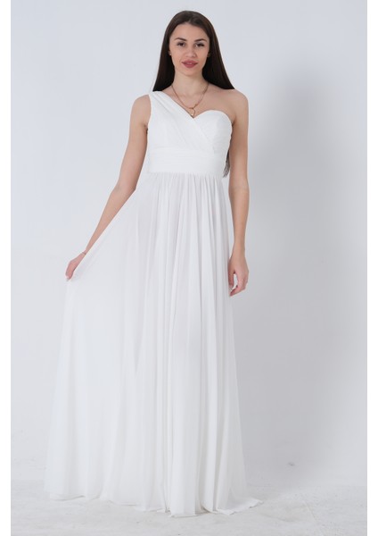 Beyaz Tek Omuz Yırtmaçlı Abiye 9705155.15