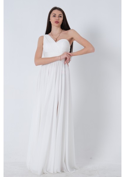 Beyaz Tek Omuz Yırtmaçlı Abiye 9705155.15 modelleri