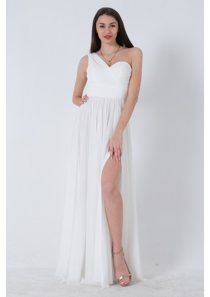 Beyaz Tek Omuz Yırtmaçlı Abiye 9705155.15 indirimleri