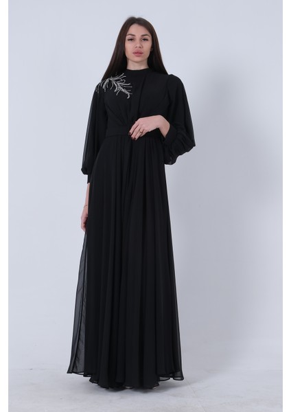 Siyah Şifon Vintage Tesettür Abiye 9705249.01