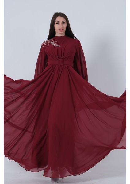 Bordo Şifon Vintage Tesettür Abiye 9705249.04
