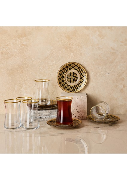 Kilim Desenli Cam Çay Bardağı ve Çay Tabağı 12 Parça Çay Takımı Seti