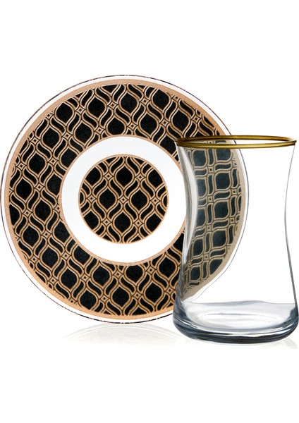 Kilim Desenli Cam Çay Bardağı ve Çay Tabağı 12 Parça Çay Takımı Seti