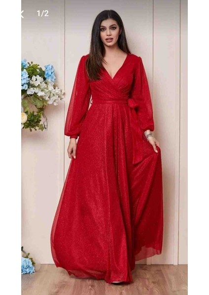 Beli Kuşaklı Kravuze Yaka Simli Isteme Söz Nişan Nikah Elbisesi Abiyesi