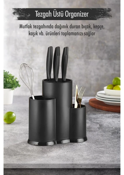 EW's Kitchenware Tezgah Üstü Siyah Kaşıklık & Bıçaklık & Kepçelik & Organizer