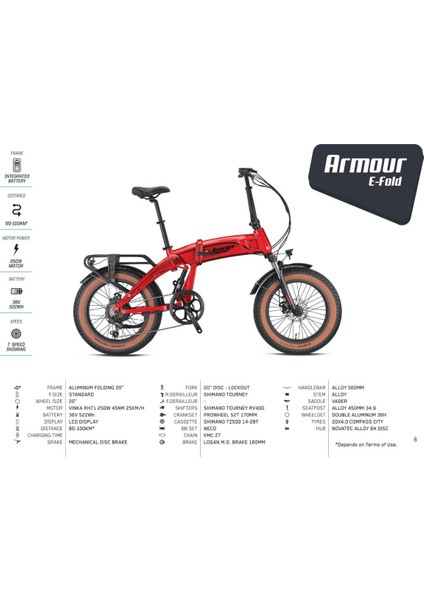 Armour - 20" - Katlanır (Fat Bike) - 7 Vites - Elektrikli - Elektrik Kırmızı-Siyah