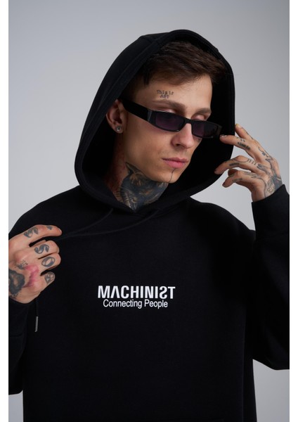 Erkek Connecting People Baskılı Kapüşonlu Siyah Sweatshirt