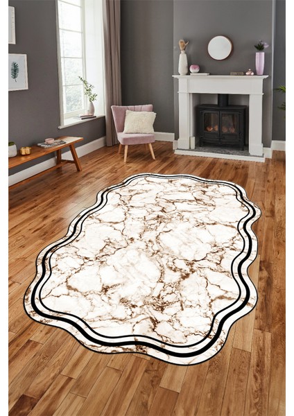 Dijital Baskılı Kaymaz Yıkanabilir Mermer Lazer Kesim Mutfak Salon Halısı, Lazer-22-Kahve,