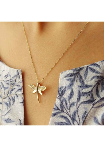 14 Ayar Altın Taşlı Yusufçuk Kolyesi 2.20 Gram 45 cm Hayalet Zincir