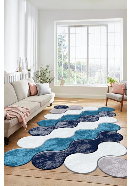 Dijital Baskılı Kaymaz Yıkanabilir Lazer Kesim Yolluk Mutfak Salon Halısı, Lazer-02-Mavi,