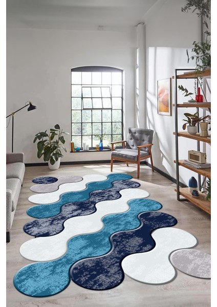 Dijital Baskılı Kaymaz Yıkanabilir Lazer Kesim Yolluk Mutfak Salon Halısı, Lazer-02-Mavi, modelleri