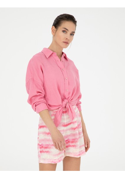 Kadın Pembe Oversize Keten Gömlek 50286968-VR041