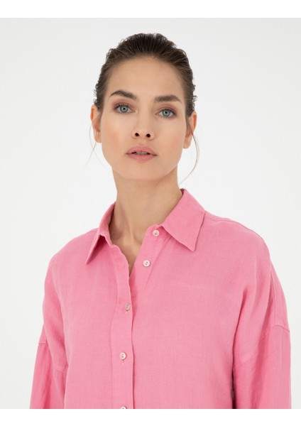 Kadın Pembe Oversize Keten Gömlek 50286968-VR041