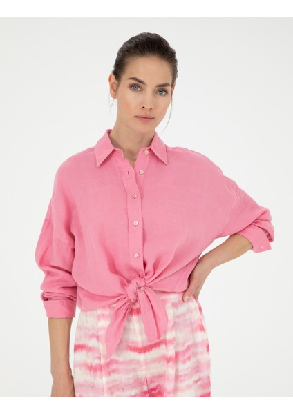 Kadın Pembe Oversize Keten Gömlek 50286968-VR041