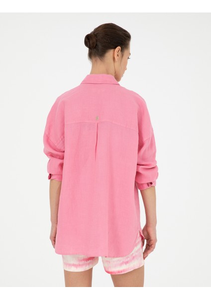 Kadın Pembe Oversize Keten Gömlek 50286968-VR041