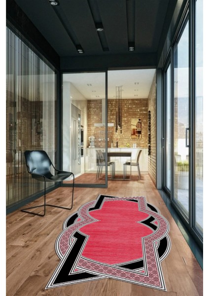 Çerçeveli Mermer Yıkanabilir Lazer Kesim Şık Yolluk Mutfak Salon Halısı, Lazer-30-Kırmızı,