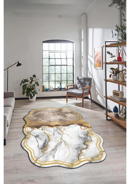 Dijital Baskılı Kaymaz Yıkanabilir Mermer Desenli Lazer Kesim Salon Halısı, Lazer-09-Gold,