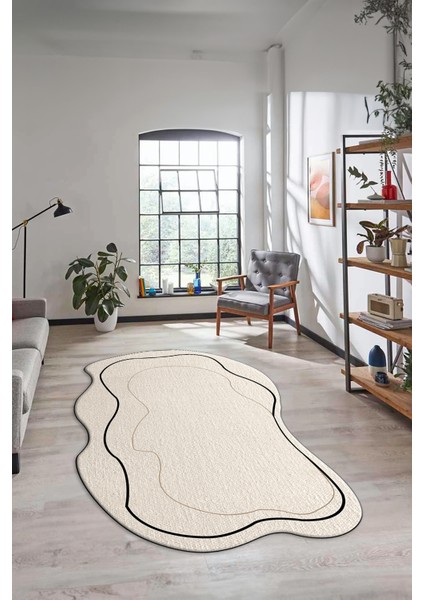 Dijital Baskılı Kaymaz Yıkanabilir Sade Şık Lazer Kesim Mutfak Salon Halısı, Lazer-11-Krem,