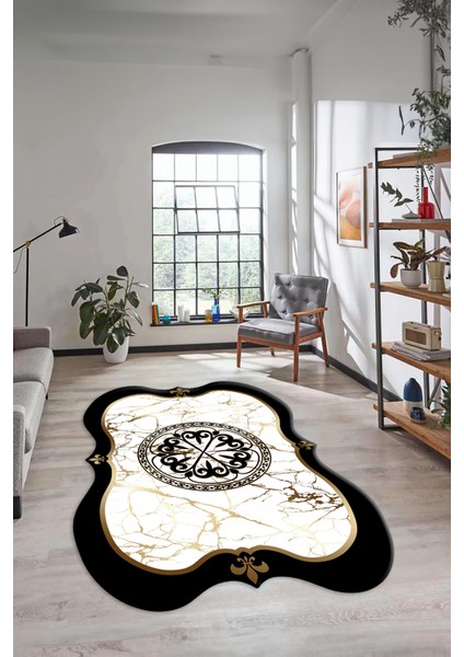 Mermer Desenli Göbekli Kaymaz Yıkanabilir Lazer Kesim Mutfak Salon Halısı, Lazer-12-Siyah,