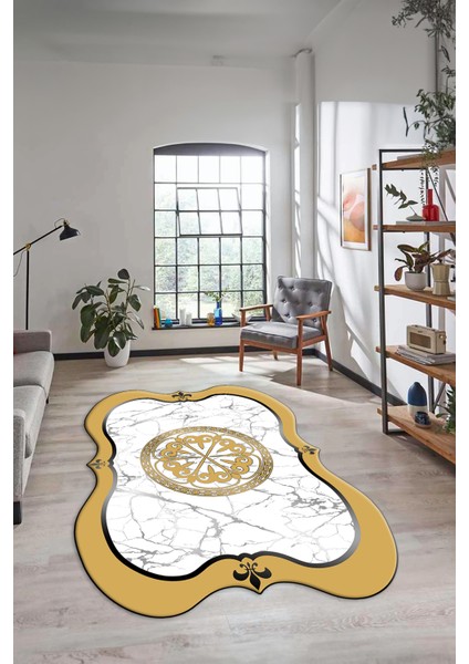 Mermer Desenli Göbekli Kaymaz Yıkanabilir Lazer Kesim Mutfak Salon Halısı, Lazer-12-Sarı,