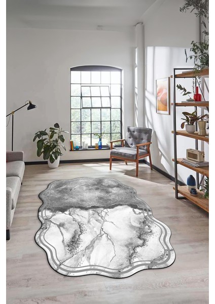 Dijital Baskılı Kaymaz Yıkanabilir Mermer Desenli Lazer Kesim Salon Halısı, Lazer-09-Gri,